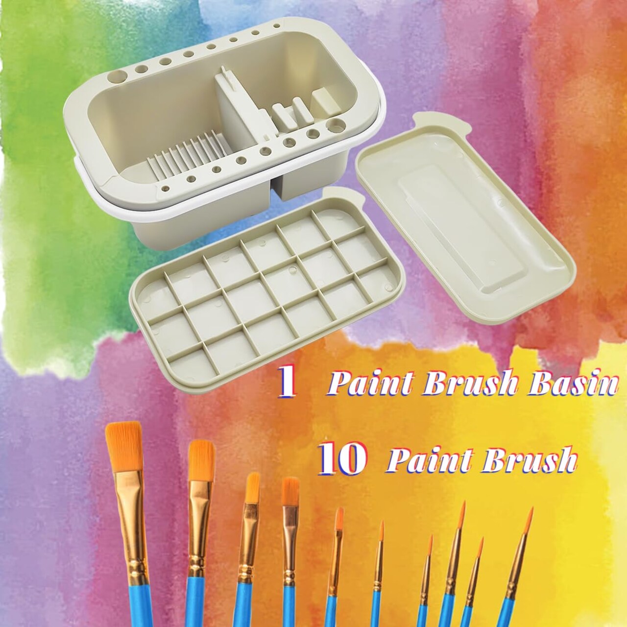 Paint Brush Cleaner,Paint Brush Basin with 10 PCS Paint Brushes,Paint Brush Holder and Organizers with Palette for Acrylic, for Watercolor and Water Based Paints (Gery)